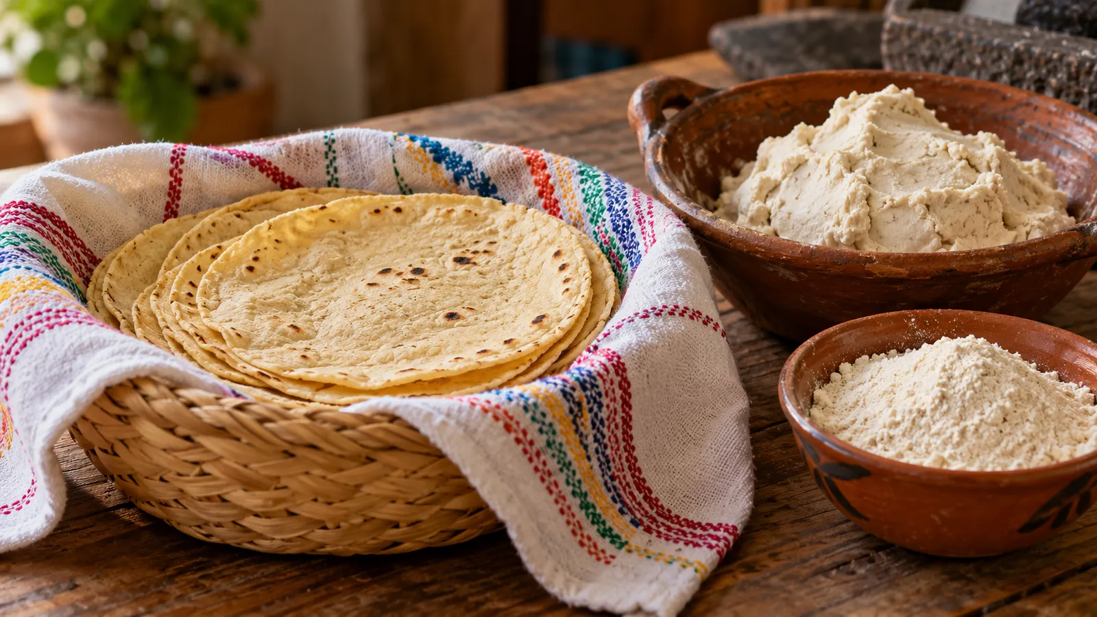 Cooked tortillas, fresh masa and masa flour in separate containers. AI-generated illustration.