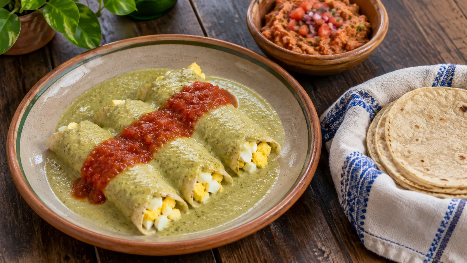Egg-filled papadzules and a separate bowl of sikil pak. AI-generated illustration.
